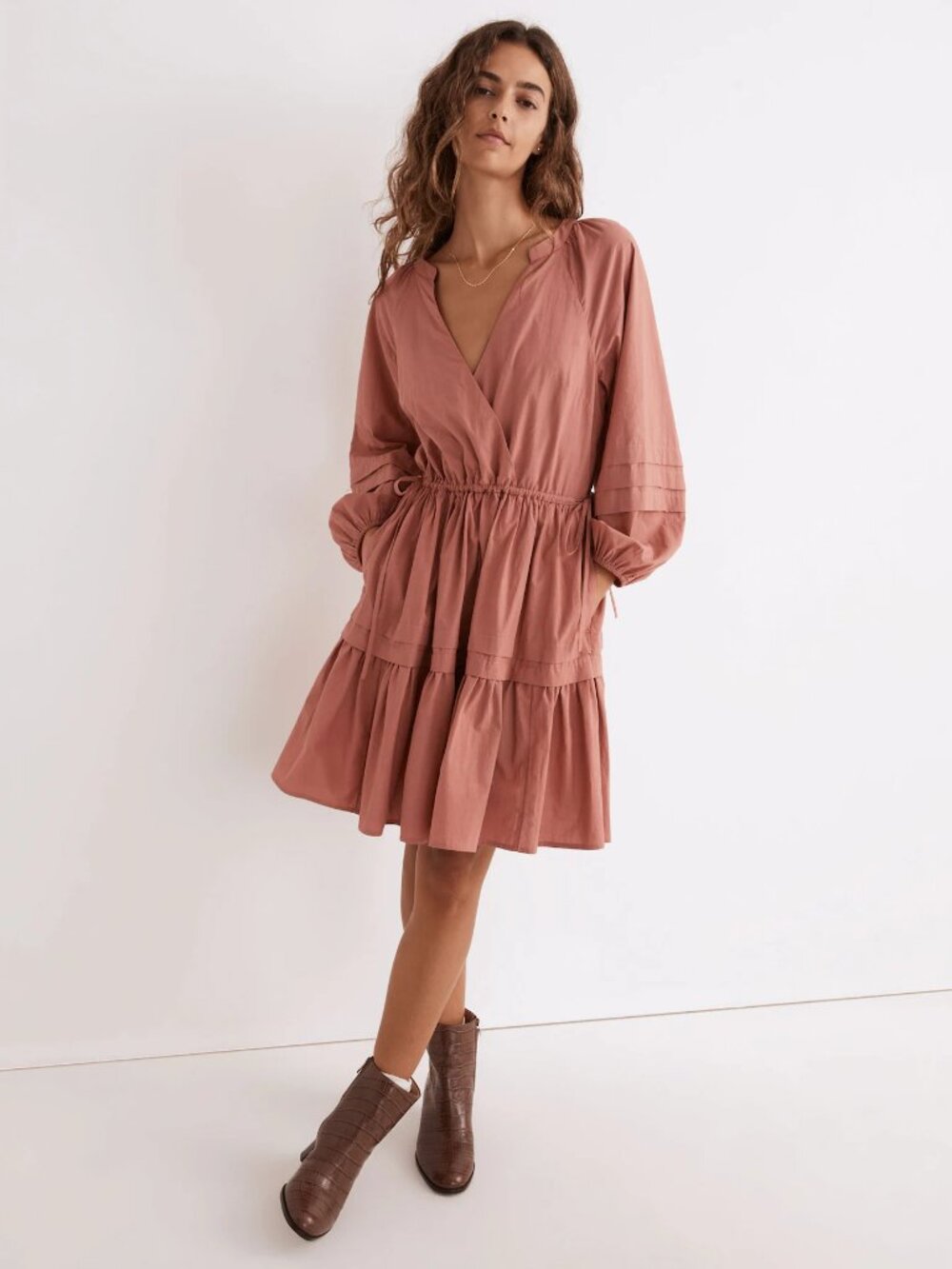 Madewell Women's Crinkle Poplin Wrap Mini Dress Medium NWT 3/4 Sleeves Pink M